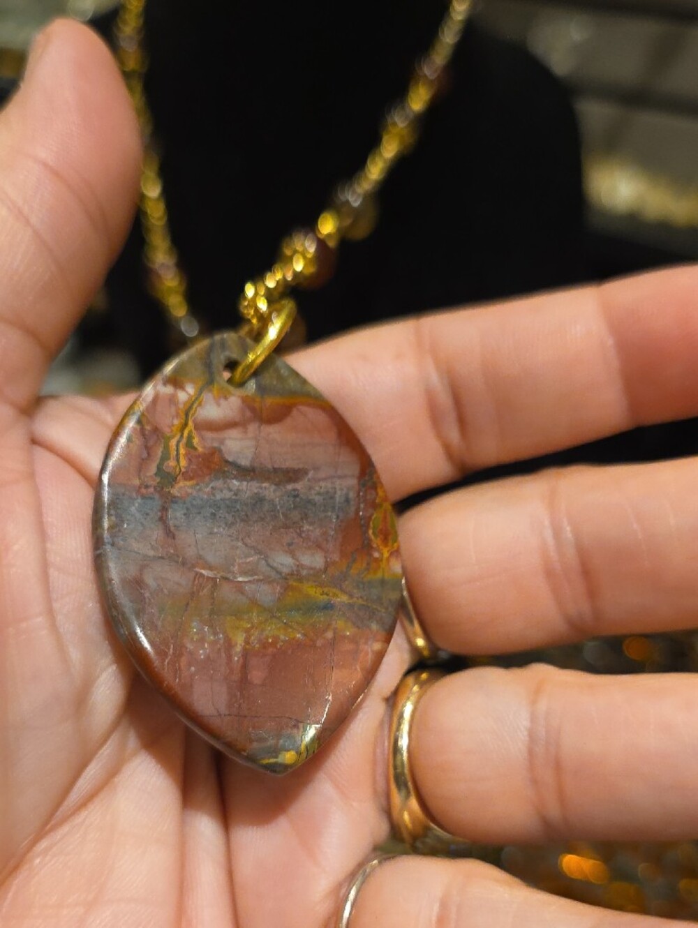 Gold-Tone Necklace with Red and Orange Jasper Pendant - Picture 4 of 9